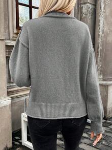 SHEIN LUNE Women's Pocket Loose Pullover Sweater - Grey - View 2