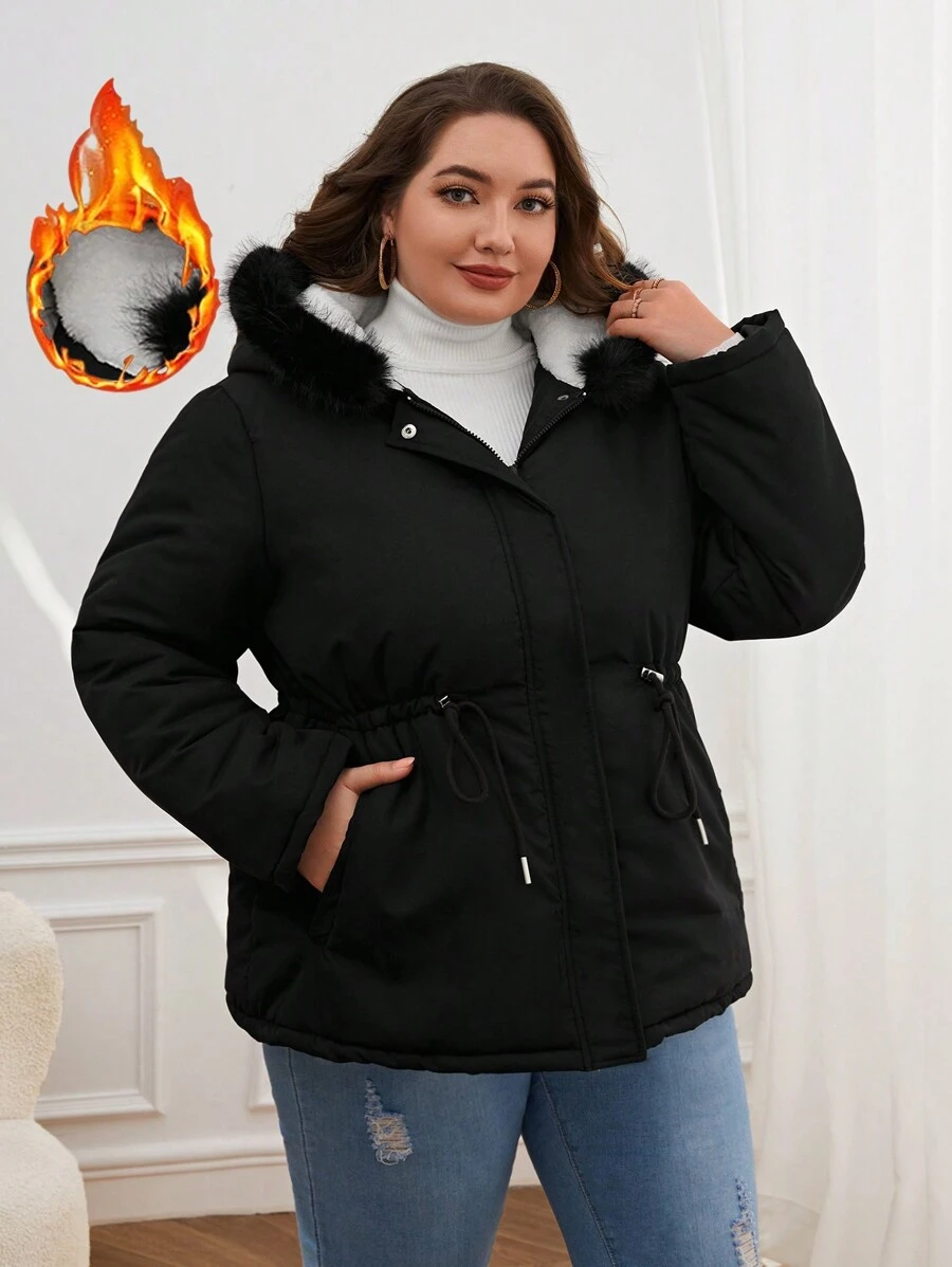 SHEIN Essnce Plus Size Solid Colored Hooded Padded Coat With Waist Drawstring, For Winter Fall Autumn - Black - View 1