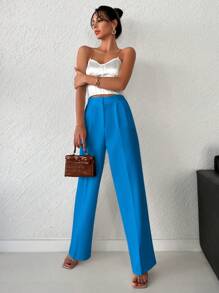 SHEIN Cottnline Women's Solid Color Loose Straight Pants - Blue - View 3