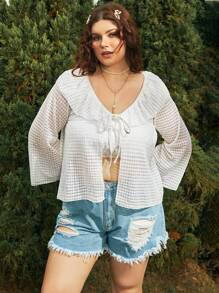 SHEIN Swim Curve Kimono mùa hè buộc dây phía trước viền bèo nhún cỡ lớn - trắng - Xem 1