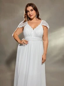 女款大尺碼 V 領雙肩蕾絲胸前荷葉邊拼布雪紡 A 字婚紗婚紗 - 白色 - 查看 6
