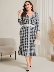 Modelyn Hơn Đồ họa Houndstooth Tay áo lồng đèn Đầm Áo len - Đen và trắng - Xem 5