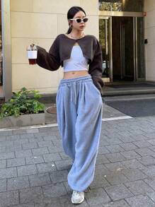 Dazy Star 1pc Solid Drop Shoulder Super Crop Sweater - Coffee Brown - View 3