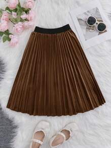 Tween Girl Solid Pleated Skirt - Brown - View 1