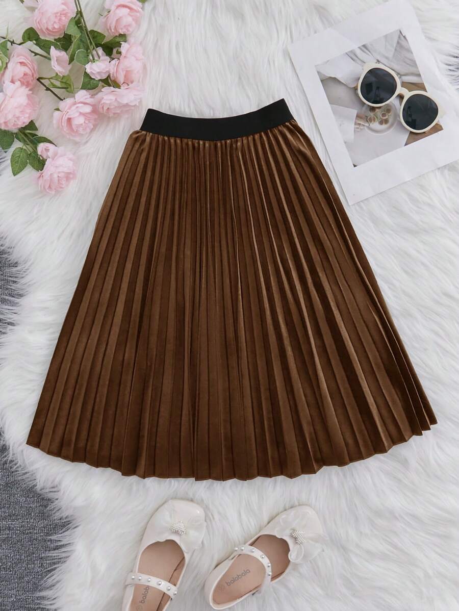 Tween Girl Solid Pleated Skirt - Brown - View 1
