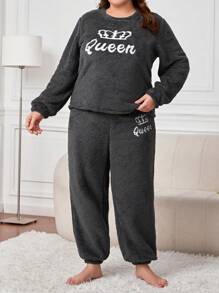 大碼字母刺繡法蘭絨睡衣套裝 - 黑色 - 查看 3