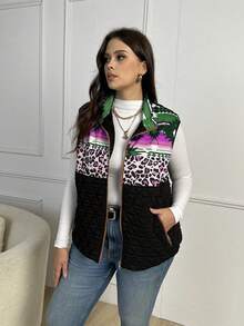 EMERY ROSE 大码豹纹印花和热带印花加垫背心羽绒夹克 - 紫色 - 查看 4