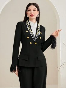 Modelyn Của phụ nữ Nút đơn Áo khoác Với Cơm Hạt Đồ trang trí - màu đen - Xem 1