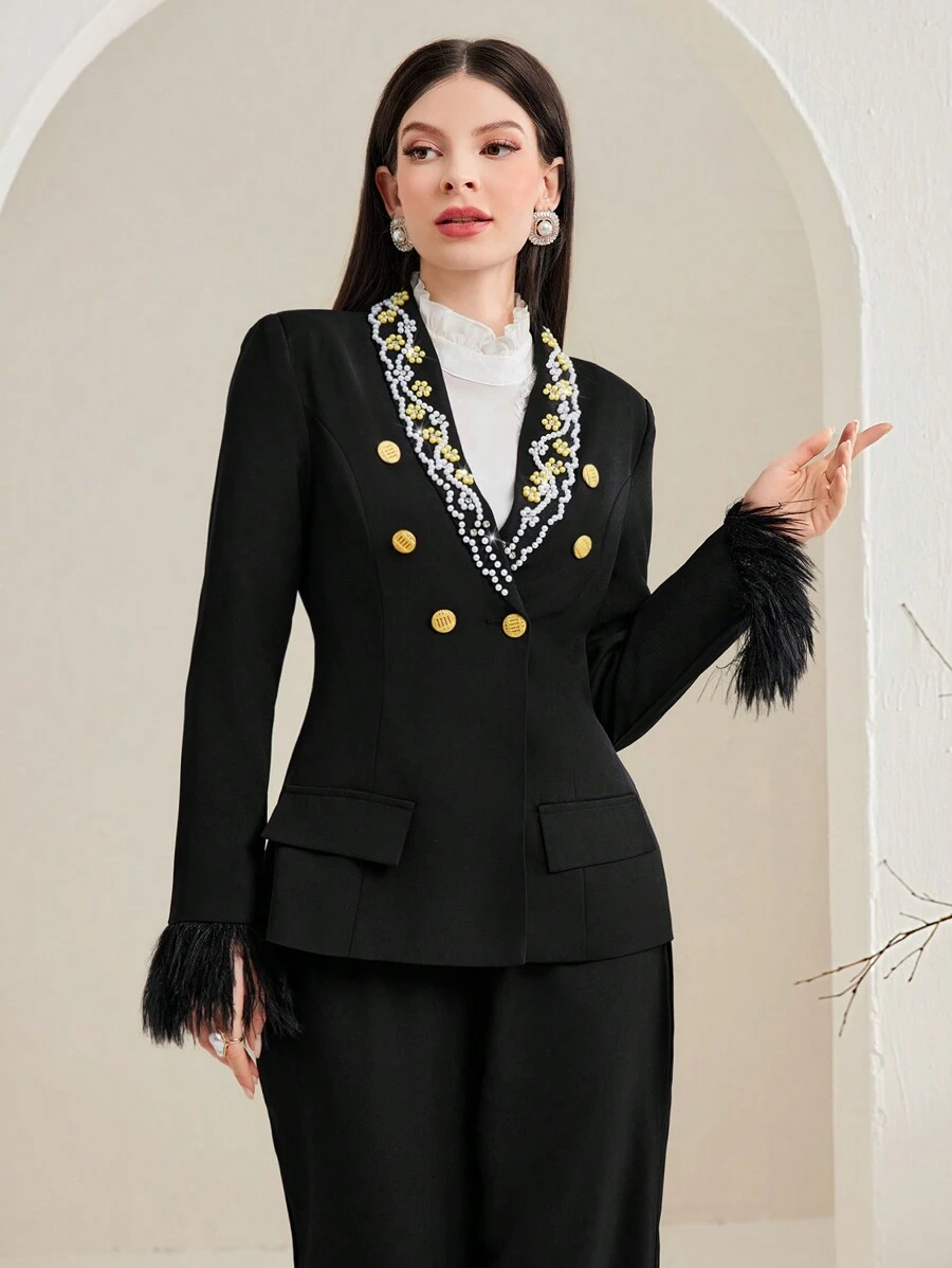 Modelyn Của phụ nữ Nút đơn Áo khoác Với Cơm Hạt Đồ trang trí - màu đen - Xem 1