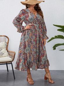 SHEIN VCAY Plus 佩斯利印花荷葉邊袖荷葉邊下擺洋裝搭配腰帶 - 彩色 - 查看 2