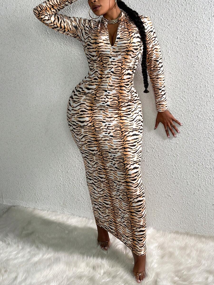 Slaydiva Deep V-neck Zipper Tiger Pattern Dress - Multicolor - View 1