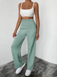 EURMUSE Solid Color Fitted Straight Sweater Pants - Green - View 4