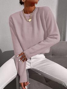 SHEIN Essnce 純色領口毛衣 - 紫色 - 查看 7