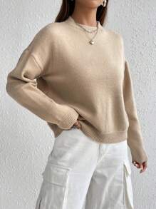 SHEIN Unity 女性寬鬆休閒基礎款毛衣 - 卡其色 - 查看 3