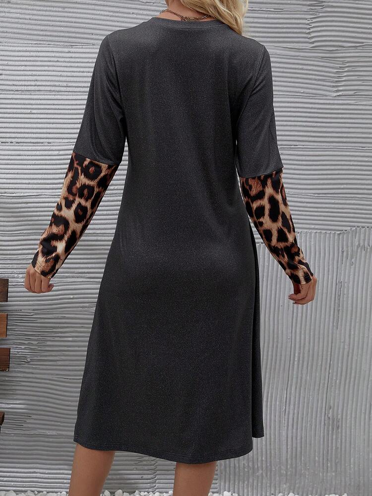 Leopard Print Spliced Drop Shoulder Dress Fall Cloth For Women
