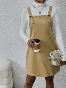 SHEIN LUNE Solid Color Suspender Dress - Khaki - View 3