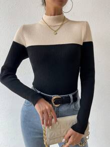 Chiquease Women's Color Block High Neck Knit Pullover Fall Winter Sweater - Apricot - View 1
