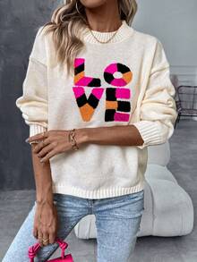 SHEIN LUNE Áo len nữ tay rớt vai họa tiết chữ cái, kiểu dáng chui đầu, thích hợp cho mùa thu đông. - trắng - Xem 3