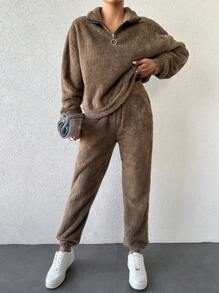 EURMUSE Half Zip Drop Shoulder Teddy Sweatshirt & Pants - Brown - View 4
