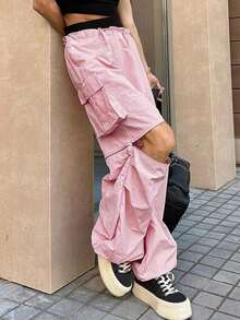 Pantalones Cargo Generales Con Cremallera De Color Rosa Para Mujer - Rosa - Ver 3
