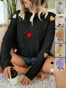 Calvaya 加大码爱心刺绣落肩圆领针织套头衫秋冬毛衣 - 黑色 - 查看 1