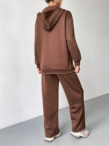 SHEIN EZwear 下垂肩拉鍊連帽衫和運動長褲 - 咖啡棕 - 查看 2