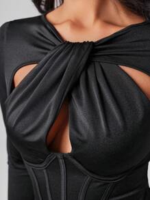 Taranthola Designer Black Cut Out Front Bodycon Elegant Dress, For Holiday, Party, Birthday Outfits, Spring, Festival - Black - View 6