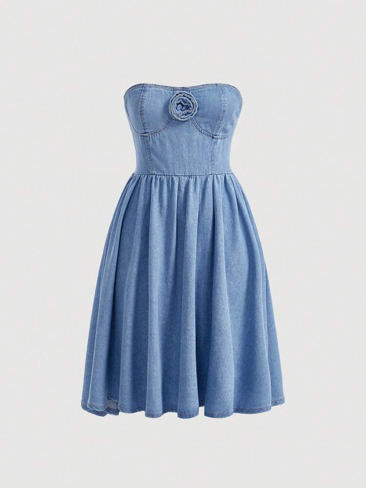 3D Flower Tube Denim Dress