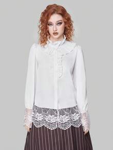 ROMWE Avant 女款純色蕾絲邊襯衫 - 白色 - 查看 6