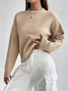 SHEIN Unity 女性寬鬆休閒基礎款毛衣 - 卡其色 - 查看 6