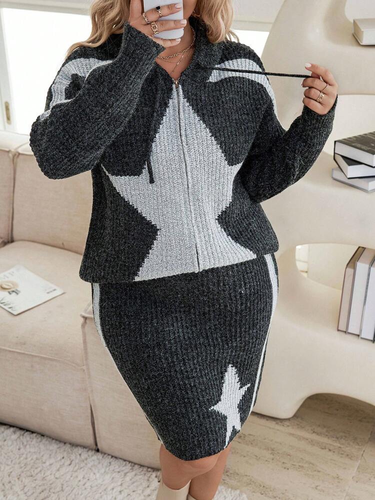 Plus Star Pattern Drop Shoulder Zip Up Drawstring Hooded Cardigan & Knit Skirt