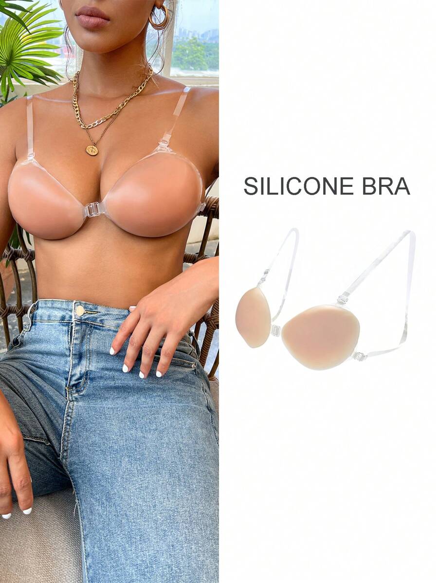 Solid Color Push-up Silicone Stick-on Bra With Removable Straps - Apricot - View 1