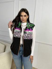 EMERY ROSE 大码豹纹印花和热带印花加垫背心羽绒夹克 - 紫色 - 查看 8