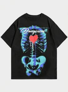ROMWE MEN Goth Men Skull Print T-Shirt - Black - View 1