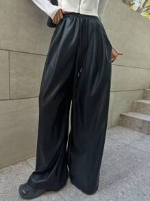 Dazy Star 束腰pu寬腳褲 - 黑色 - 查看 7