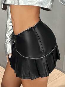 SHEIN ICON Asymmetrical Waist Contrast Piping Ruffle Hem PU Leather Skirt - Black - View 5