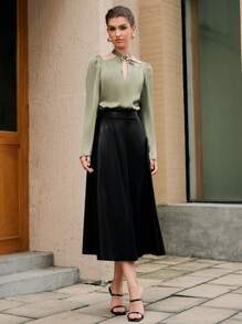 Solid Color Hollow Out Puff sleeve Shirt - Army Green - View 8