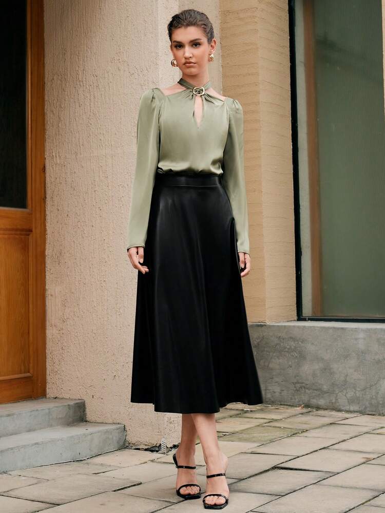 Solid Color Hollow Out Puff sleeve Shirt