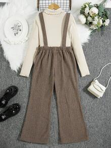 中小學女生時尚優雅針織純色立領長袖上衣搭配連體褲 - 彩色 - 查看 2