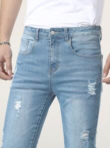 Manfinity Homme Men's Skinny Ripped Jeans, Men Ripped Skinny Jeans, Blue Ripped Jeans, Ripped Jeans Men - Light Wash - View 8