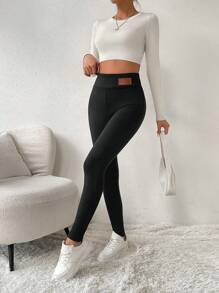 SHEIN LUNE Women's Casual Thermal Lined Letter Print Leggings, Autumn/Winter - Black - View 6