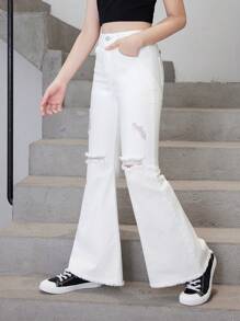 Cô gái Tween Quần jean loe Với Đau khổ Chi tiết - trắng - Xem 4