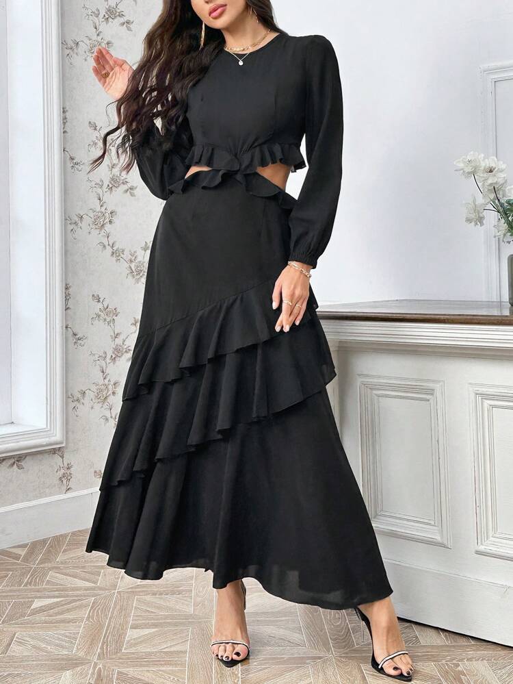 Hollow Out Waist Multi-layer Ruffled Edge Dress