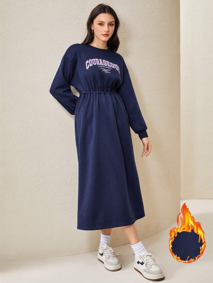 Mulvari Đồ họa Chữ cái Thả vai Eo dây rút Đầm nỉ - Màu xanh lam - Xem 1