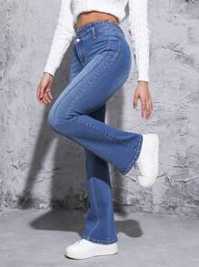 SHEIN EZwear Asymmetrical Waist Flare Leg Jeans - Medium Wash - View 3