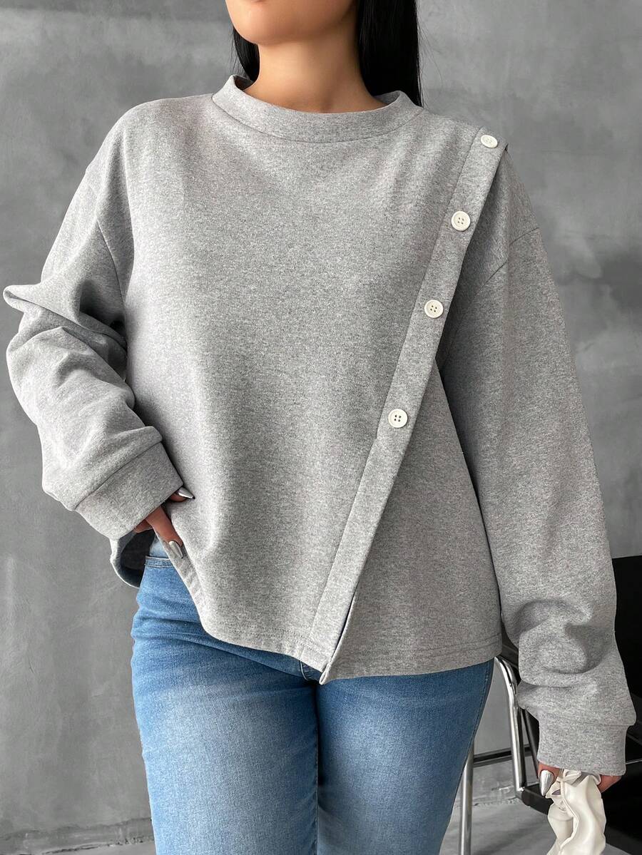 RueChic Áo nỉ vai trễ bất đối xứng cỡ lớn bằng cotton dành cho nữ - Xám - Xem 1