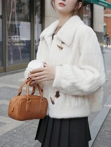 女士休闲蓬松牛角扣夹克，秋冬款 - 米色 - 查看 3