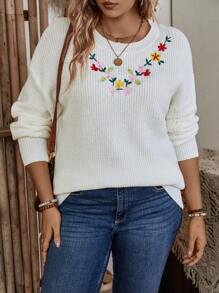 SHEIN LUNE Plus Floral Embroidery Drop Shoulder Sweater - White - View 6