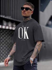 男士時尚休閒印花圓領短袖t卹 - 深灰色 - 查看 1