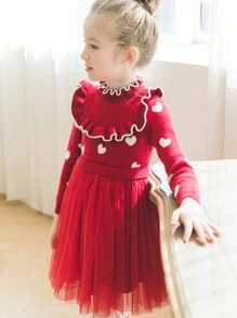 Trẻ Cô gái Hình trái tim Đầm Áo len Với Lưới Hem Và Chi tiết Frill - Đỏ - Xem 3